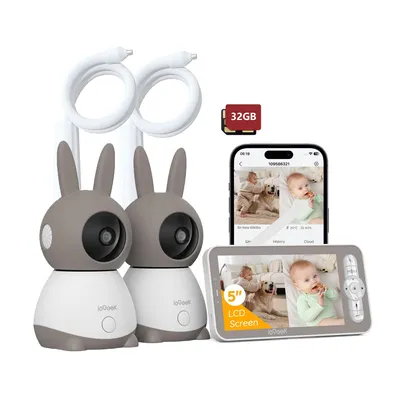 Produktbild von 2K-Babyphone mit 2 Kameras PTZ 355°, 5-Zoll-Babyphone mit automatischer Verfolgung, Schreierkennung, Zwei-Wege-Sprache, Kamerahalterungx2, 32GB