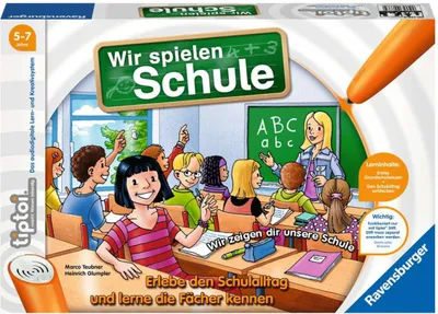 Produktbild von Ravensburger tiptoi® Wir spielen Schule – Interaktives Lernspiel zum Schulalltag & Schulfächern für Vorschulkinder & Grundschüler – Inhalte: Mathematik, Deutsch, Sachkunde, Kultur, Musik, Kunst, Sport – Mit Spielplan, 4 Spielfiguren, 4 Medaillen-Chips, 6 Buchtafeln, 24 Abdeckplättchen – 5-7 Jahre, 1-4 Spieler