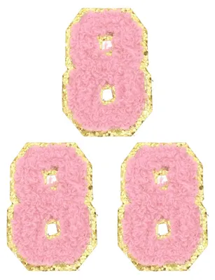 3 selbstklebende Chenille-Zahlenaufnäher Nr. 8, rosa mit Goldrand