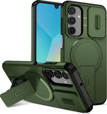 Immagine prodotto di Custodia magnetica per Samsung Galaxy A16 5G/4G, custodia resistente a doppio strato con protezione scorrevole della fotocamera e supporto regolabile Verde