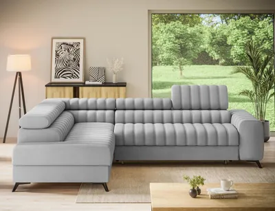 Produktbild von Ecksofa KANORA links mit Schlaffunktion, Bettkasten und verstellbaren Kopfstützen, 5-Sitzer, 269 x 204 cm, Hellgrau, Stoff Nube 03