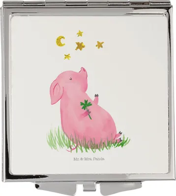 Produktbild von Mr. & Mrs. Panda Schminkspiegel Schwein Glück - Weiß - Geschenk, Träume, Glücksbringer, Kosmetikspiegel klappbar, Sterne, Ziele, Motivation, Lustige Sprüche, Klappspiegel