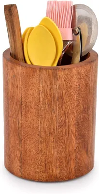 Image de Support en bois de manguier pour ustensiles de cuisine - Dimensions : 5" x 5" x 6" - Idéal pour les cuillères, les spatules et autres ustensiles de cuisine
