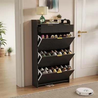 Imagen del producto de Armario estrecho para zapatos con 3 puertas, estantería de madera para zapatos, zapatero con cajones