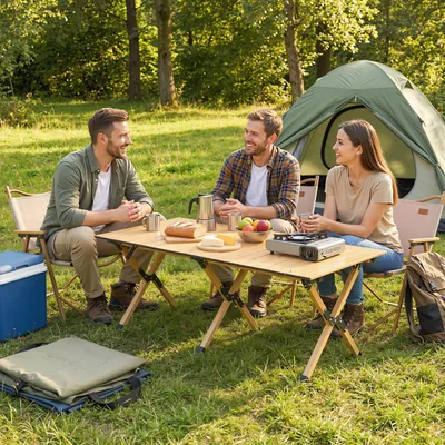 Produktbild von Campingtisch klappbar Aluminium, Klapptisch Holz-Optik rollbar, Falttisch outdoor wasserdicht, Eiche | 117 x 60 x 44 cm | 5,4 kg | mit Tragetasche