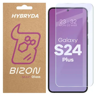 A product packaging for a phone screen protector, shown next to the phone it is designed for.