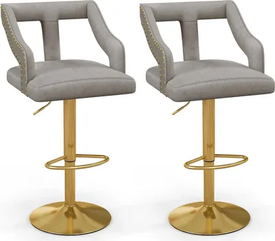 Produktbild von Set mit 2 Barhockern - Drehbare Barstühle - Höhenverstellbar 63–85 cm - Samt - Fußstütze & Rückenlehne - Hellgrau & Gold