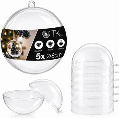 Immagine prodotto di 5 sfere in acrilico per Natale – Sfere trasparenti in plastica trasparente con occhiello per essere appese, ideali come decorazioni per l'albero di Natale (5 pezzi, diametro 8 cm)