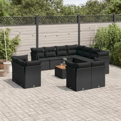 Produktbild von Design 12-tlg. Garten-Sofagarnitur mit Kissen Schwarz Poly Rattan, Gartenmöbel-Sets 2024 Neu