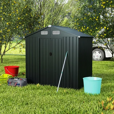 Produktbild von COSTWAY Gartenhaus Metall, 182x129x197cm, 3,25 m³, Gerätehaus mit Schrägdach & 2 Schiebetüren, Geräteschuppen abschließbar, Gartenhütte Dunkelgrau