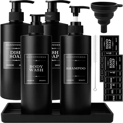 Productafbeelding van Lege Zeepdispenser om te Vullen - Set van 4 - 500 Ml Navulbare Shampooflessen met Pallet voor Douche - Zwarte Kunststof Douchegelfles