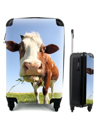 Produktbild von MuchoWow® Koffer Handgepäck Trolley Rollkoffer Kleine Reisekoffer mit 4 Rollen - Kuh - Tiere - Blumen - Gras - Cabin Size < 55x40x23 cm & 55x40x20 cm - Fotokoffer - Kabinenkoffer - Boardgepäck - Reise-Box - Reisekoffer - Reisegepäck - Koffer mit Bild - Trolley für Kinder