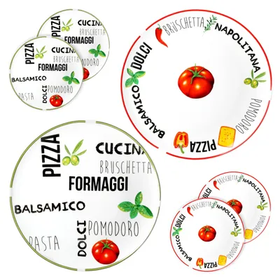 Image de set de 6 assiettes à pizza Tomate | Blanc avec décor Vert & Rouge Ø 31cm grande assiette pour pizzas