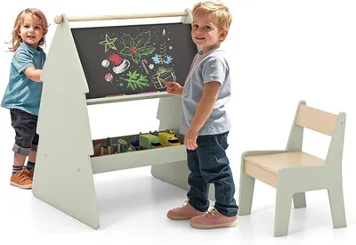 Imagen del producto de Mesa-pizarra doble cara 2 en 1, set de caballete y silla para niños con pizarra de tiza y pizarra blanca, mesa infantil con estante y soporte para rollos de papel, para niños a partir de 3 años (verde)