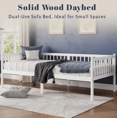 Produktbild von LVHOM Tagesbett 90x200 cm Massivholz, Einzelbett mit Lattenrost und 3-seitigem Rausfallschutz, Holzbett Jugendbett Gästebett, Weiß
