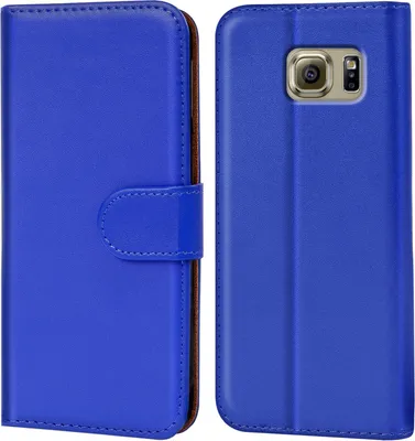 A blue flip case for a Samsung Galaxy S6 is shown from two angles.