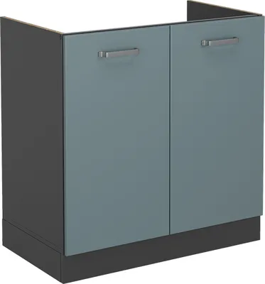 A studio shot of a two-door cabinet base unit.