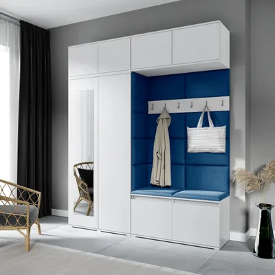 Produktbild von Garderoben-Set NIKOLA Kleiderschrank mit Polsterplatten, Schuhschrank und Schrankaufsatz 90 cm – Ideal für Flur und Eingangsbereich (Weiß, Trinity 31)