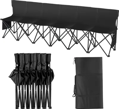 A black foldable bench and its carrying bag are displayed against a white background.