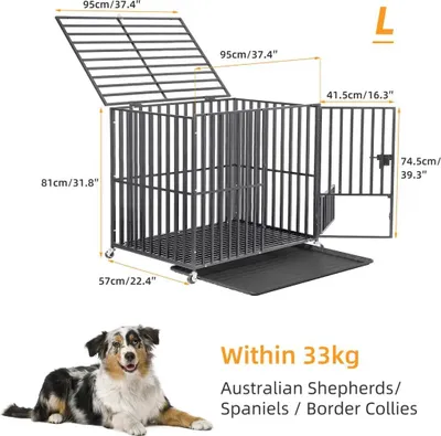 Image de Cage de transport pour chien en métal, taille L, avec 3 portes et serrure, roulettes avec freins, bac de sol amovible, capacité jusqu'à 100 kg, dimensions : 95 x 57 x 81 cm, couleur : noir