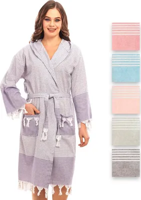 Produktbild von Bademantel Damen & Herren Uni – Weich & Leicht Langform, 100% Baumwolle, mit Kapuze, & Gürtel, Hamamtuch-Stil mit Taschen – Ideal für Sauna_Lachs
