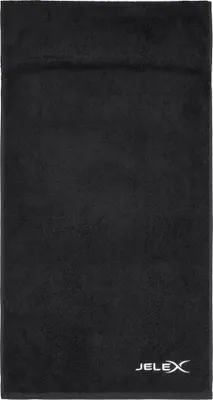 A black fitness towel is laid flat against a white background.