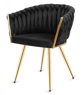 Produktbild von r Samtstuhl mit Steppung & Armlehnen - bequemer Polsterstuhl für Esszimmer, Wohnzimmer oder Büro, glamouröses Design, Schwarz / Gold