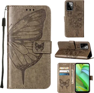 Produktbild von Lederhülle für Motorola Moto G Power 5G Schmetterling Prägung Flip Ledertasche Kartenfächer Handyhülle mit Ständer Grau