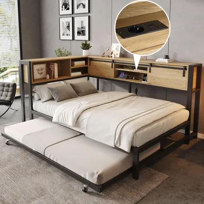 Produktbild von Flieks Tagesbett 120x200cm mit Ausziehbett 90x190cm, Jugendbett Doppelbett mit Ladeanschlüssen, Schlafsofa Metallbett mit Staufächern, Schwarz