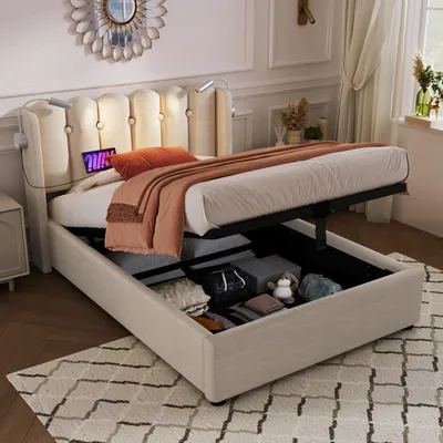 Produktbild von Sweiko Polsterbett 90x200cm Einzelbett Leselicht mit Ladefunktion Kopfteil Stauraum Bettgestell Leinenmaterial Jugendbett mit lattenrost, Natürlich