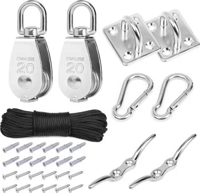 Productafbeelding van 2 stalen katrollen voor sets met touwen - roterende haakkatrollen, nylon touw, karabijnhaak, clip en oogplaat - draagvermogen: 150 kg