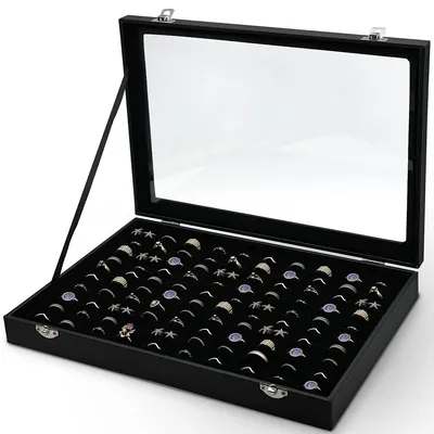 Produktbild von Schmuckkästchen Ringbox Ringdose - 100 Ringe - Glasdeckel - Schwarz - Für Ringe und Ohrringe