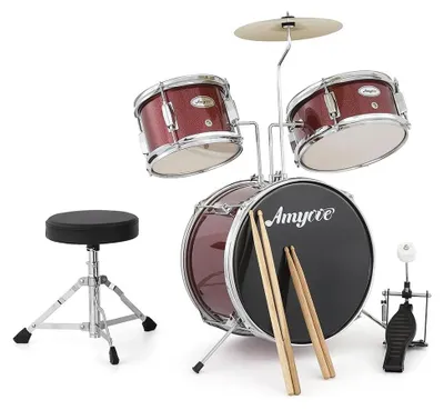 Produktbild von Kinderschlagzeug - Junior 3-teiliges Drumset - Für Anfänger - Inkl. Hocker, Becken und Pedal - Holz- und Metallkonstruktion - Zum Üben - Rot