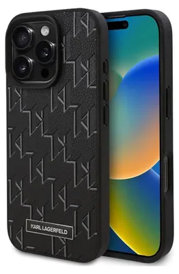 A black Karl Lagerfeld iPhone case with a monogram pattern is shown next to an iPhone.