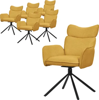 Obrázok produktu pre ML-Design jedálenské stoličky otočné sada 6 horčicových látkových poťahov kreslo do obývačky s operadlom a podrúčkou 360° otočné kreslo s kovovými nohami ergonomické kreslo