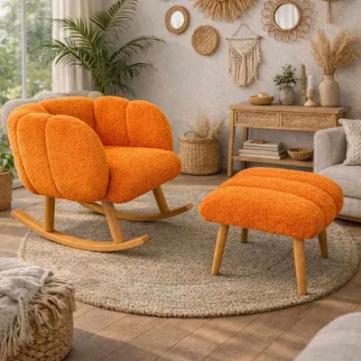 Obrázok produktu pre Hanah Home, kvalitná súprava pozostávajúca z kresla s opierkami a taburetky (2 kusy) – oranžová, 100% melamín