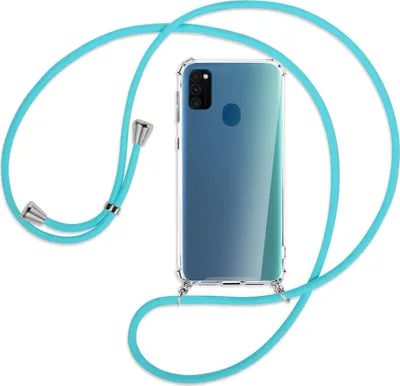 Produktbild von Handykette Backcover-Schutzhülle mit Band (Metall silberfarben) für Samsung Galaxy M30s - türkis