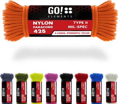 Produktbild von GO!elements 15m Paracord Seil aus reißfestem Nylon - 3mm Paracord 425 Typ II max. 192kg - Schnüre als Outdoor Seil, Allzweckseil, Survival Seil, Armband, Hundeleine, Nylonschnur, Farbe: Orange