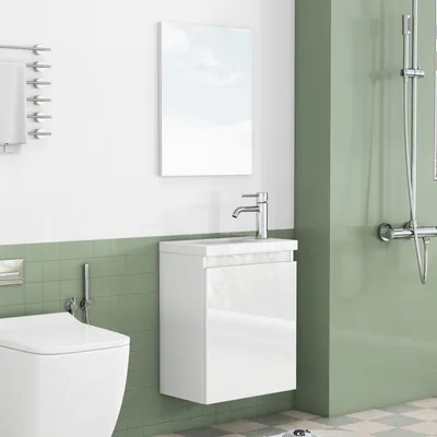 Produktbild von Wandmontierter Badezimmerschrank 40 cm mit Keramikwaschbecken und Spiegel, Hochglanz-Weiß