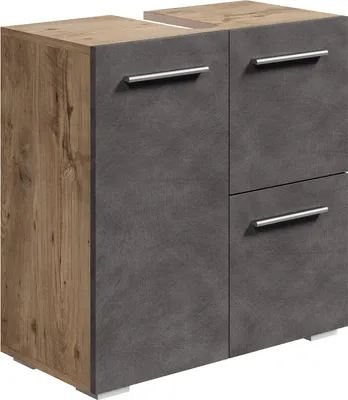 Produktbild von Badplaats Waschbeckenunterschrank Mars 60 x 30 cm Kastanien Eiche mit Dunkel Grau - Stehender Badezimmerschrank mit 2 Türen und 1 Schublade