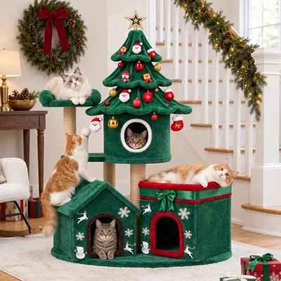 Imagen del producto de COMHOMA, árbol para gatos de 155 cm, grande, de varios niveles con postes rascadores, torre para gatos de varios pisos, árbol rascador con juguetes para gatos, ideal para Navidad