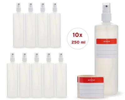 Image de 10 flacons en plastique de 250 ml en PEHD, naturel, G18, vaporisateur à doigt en PP, blanc, capuchon transparent