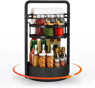 Image de Étagère à épices rotative en acier, à 2 niveaux, pivotante à 360°, avec porte-rouleaux de papier, organisateur de cuisine, blanc