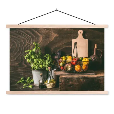 Produktbild von MuchoWow® Textilposter Gemüse - Kräuter - Rustikal - Stilleben - Basilikum 60x40 cm mit holzfarbenen Rahmen - Bilder