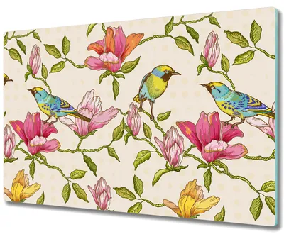 Produktbild von Glas Schneidebrett Herdabdeckplatten Schneideplatten - 80x52 cm - Blumen und Vögel