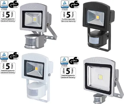 A collage of four different LED floodlights with motion sensors, each in a different color and with certification badges.