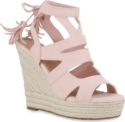 Produktbild von VAN HILL Damen Keilsandaletten Sandaletten Bast Quasten Cut-Outs Schuhe 841372, Farbe: Rosa, Größe: 40