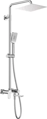 A chrome shower head and mixer set against a white background.