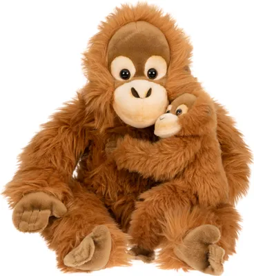 A mother and baby orangutan plush toy sitting together.