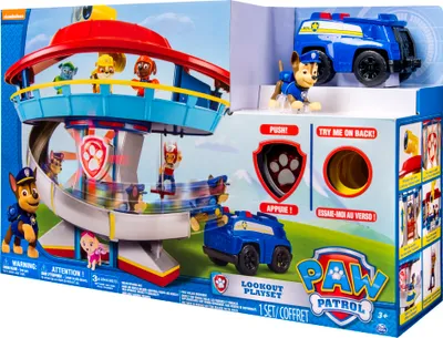 Produktbild von PAW Patrol Lookout Hauptquartier Spielset mit Chase Figur und Basis Fahrzeug, Spielturm, Spielzeug geeignet für Kinder ab 3 Jahren, mit Licht- und Geräuscheffekten, Fahrzeug- & Schienen-Set, 3 Jahr(e), LR44, Mehrfarbig